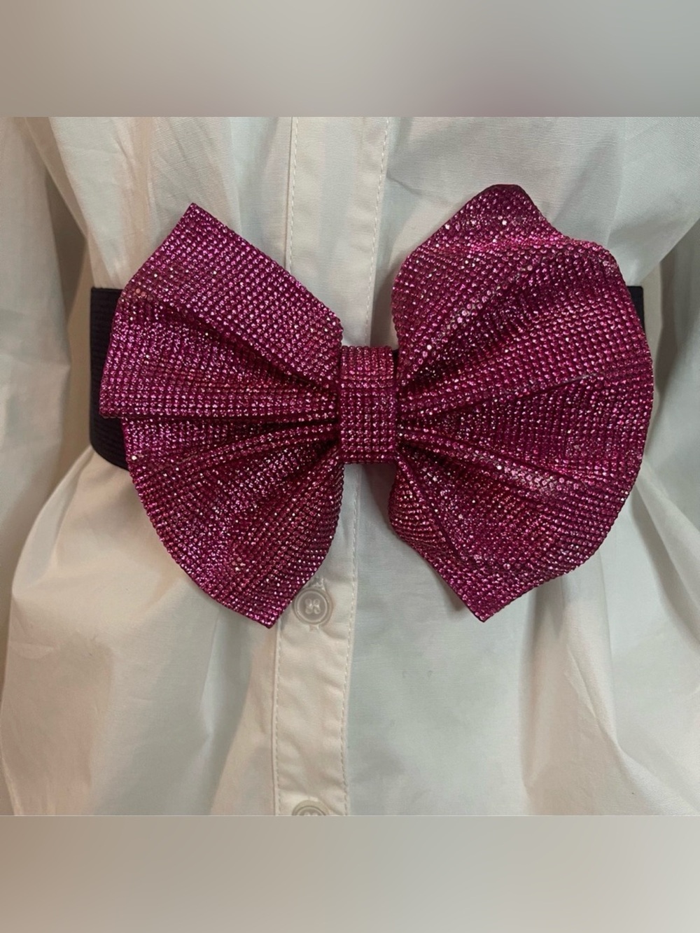 Pink bow with rhinestones details black PU leather elastic waistband belt